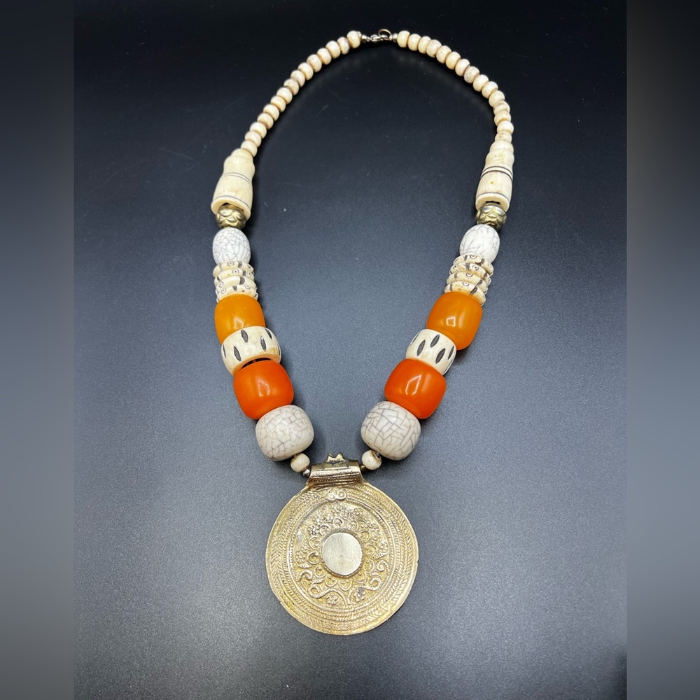 Vintage African / Tribal bonebeads brass Medallion Statement Necklace Heavy
